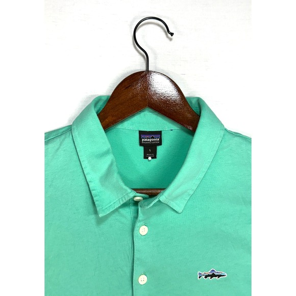 Patagonia, Organic Cotton Polo Shirt Teal Fish Logo, Size L - Picture 1 of 7